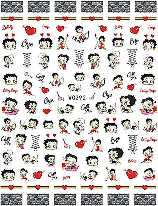 Betty Nail Stickers - Retro Pin Up Cartoon Nail Stickers, Red Black White Heart Nail Decals, Corset Lady DIY Manicure Art, Call Me Boop