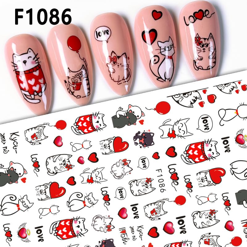 Cute Cat Valentine Nail Art Stickers, Kitty Hearts Love Balloon Self-Adhesive Nail Decals for Acrylic Gel Natural Nails | Calcomanías para Uñas de Gatitos con Corazones