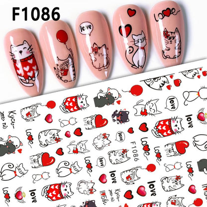 Cute Cat Valentine Nail Art Stickers, Kitty Hearts Love Balloon Self-Adhesive Nail Decals for Acrylic Gel Natural Nails | Calcomanías para Uñas de Gatitos con Corazones
