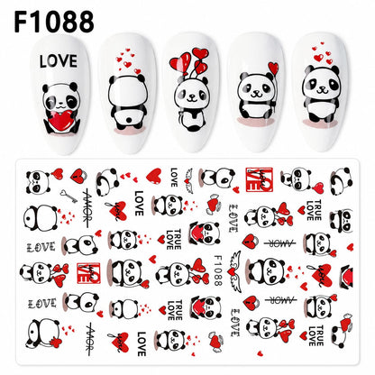 Cute Panda Valentine Nail Art Stickers, Love Hearts Balloon Self-Adhesive Nail Decals for Acrylic Gel Natural Nails | Calcomanías para Uñas de Panda con Corazones
