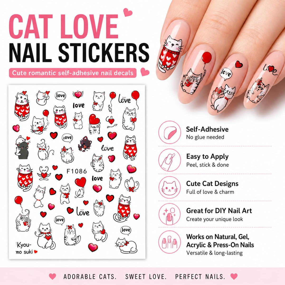 Cute Cat Valentine Nail Art Stickers, Kitty Hearts Love Balloon Self-Adhesive Nail Decals for Acrylic Gel Natural Nails | Calcomanías para Uñas de Gatitos con Corazones