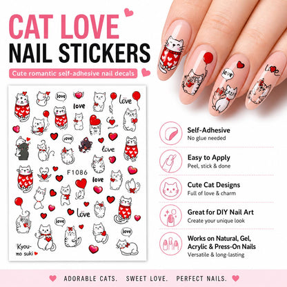 Cute Cat Valentine Nail Art Stickers, Kitty Hearts Love Balloon Self-Adhesive Nail Decals for Acrylic Gel Natural Nails | Calcomanías para Uñas de Gatitos con Corazones