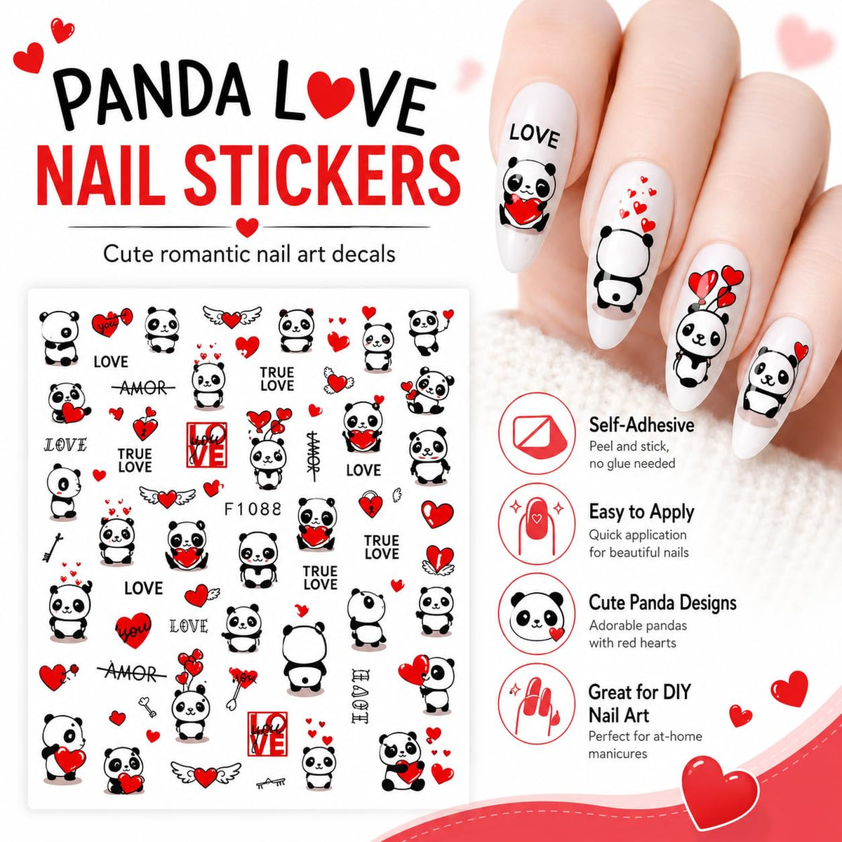 Cute Panda Valentine Nail Art Stickers, Love Hearts Balloon Self-Adhesive Nail Decals for Acrylic Gel Natural Nails | Calcomanías para Uñas de Panda con Corazones