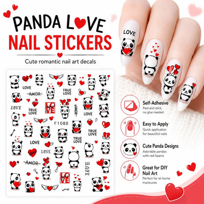 Cute Panda Valentine Nail Art Stickers, Love Hearts Balloon Self-Adhesive Nail Decals for Acrylic Gel Natural Nails | Calcomanías para Uñas de Panda con Corazones
