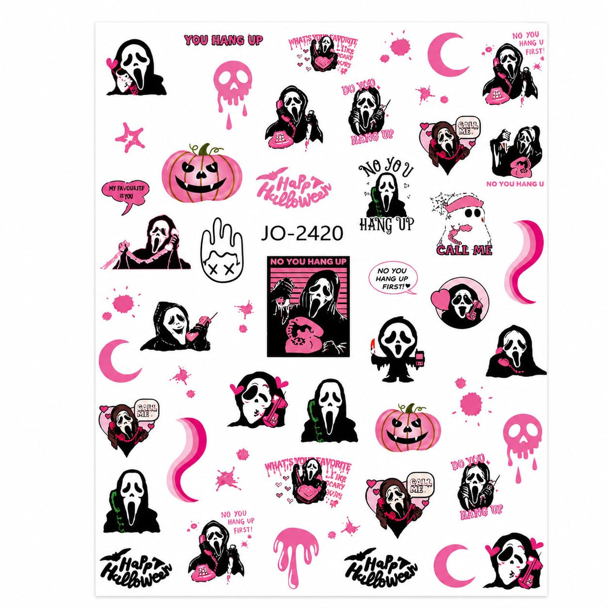 Pink Ghostface - Scream - Halloween Nail Art Stickers, Masked Horror Phone Call Pumpkin Skull Self-Adhesive Nail Decals for Acrylic Gel Natural Nails