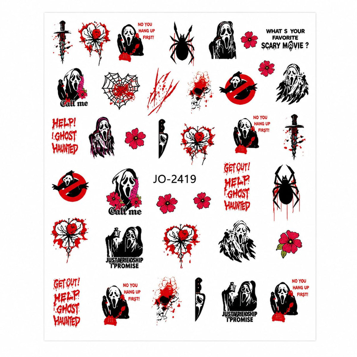 Ghostface - Scream - Red Black Horror Nail Art Stickers, Masked Slasher Phone Spider Web Skull Flower Self-Adhesive Nail Decals for Acrylic Gel Natural Nails | Calcomanías para Uñas de Terror Halloween