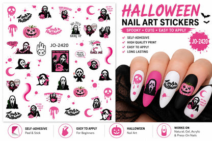 Pink Ghostface - Scream - Halloween Nail Art Stickers, Masked Horror Phone Call Pumpkin Skull Self-Adhesive Nail Decals for Acrylic Gel Natural Nails