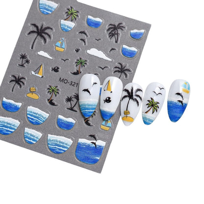 Beach Nail Art Stickers, Ocean Waves Palm Trees Dolphins Sailboat Tropical Self-Adhesive Nail Decals for Acrylic Gel Natural Nails | Pegatinas para uñas de Playa