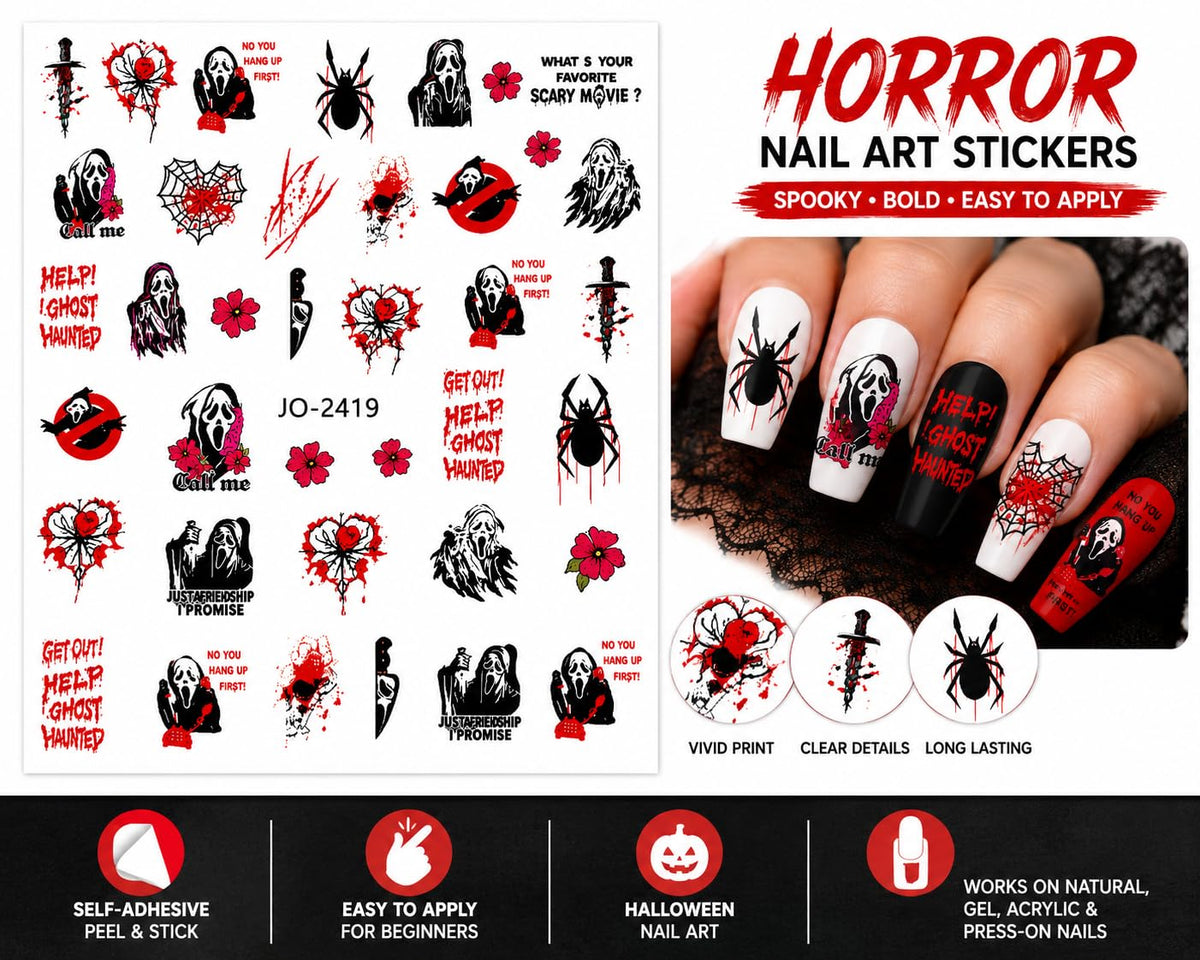 Ghostface - Scream - Red Black Horror Nail Art Stickers, Masked Slasher Phone Spider Web Skull Flower Self-Adhesive Nail Decals for Acrylic Gel Natural Nails | Calcomanías para Uñas de Terror Halloween