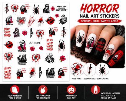 Ghostface - Scream - Red Black Horror Nail Art Stickers, Masked Slasher Phone Spider Web Skull Flower Self-Adhesive Nail Decals for Acrylic Gel Natural Nails | Calcomanías para Uñas de Terror Halloween