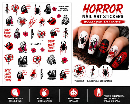 Ghostface - Scream - Red Black Horror Nail Art Stickers, Masked Slasher Phone Spider Web Skull Flower Self-Adhesive Nail Decals for Acrylic Gel Natural Nails | Calcomanías para Uñas de Terror Halloween