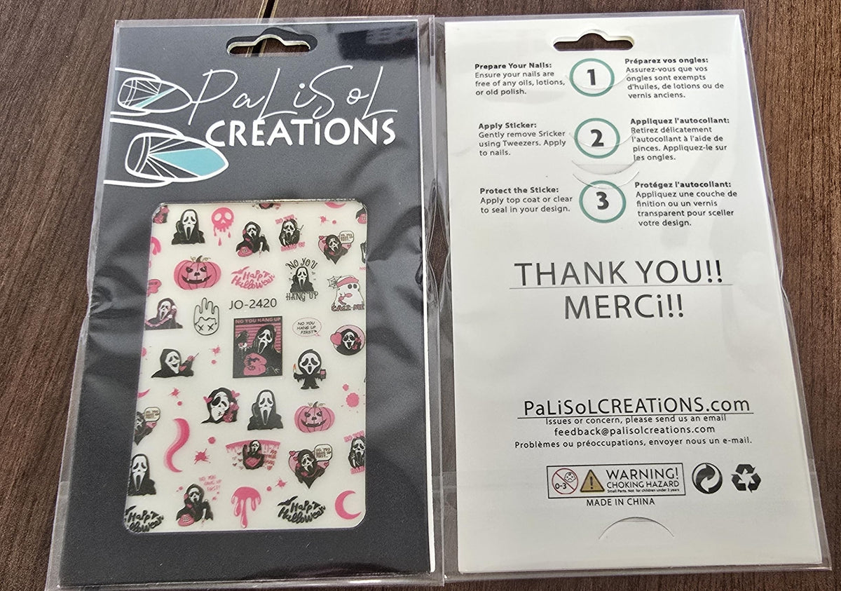 Pink Ghostface - Scream - Halloween Nail Art Stickers, Masked Horror Phone Call Pumpkin Skull Self-Adhesive Nail Decals for Acrylic Gel Natural Nails
