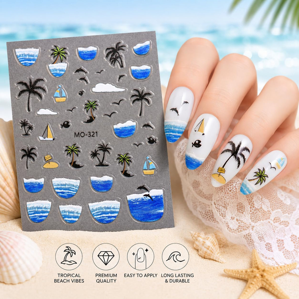 Beach Nail Art Stickers, Ocean Waves Palm Trees Dolphins Sailboat Tropical Self-Adhesive Nail Decals for Acrylic Gel Natural Nails | Pegatinas para uñas de Playa