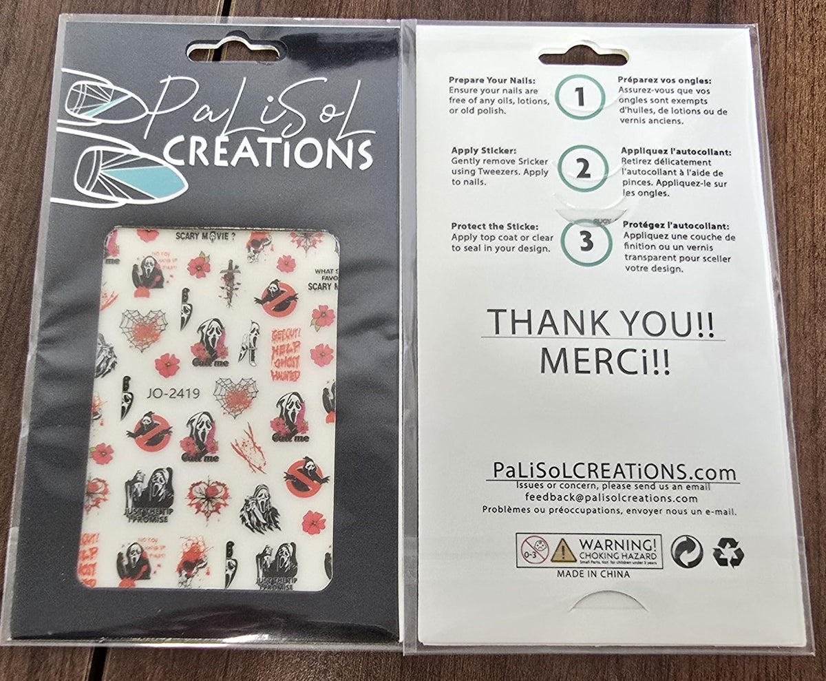 Ghostface - Scream - Red Black Horror Nail Art Stickers, Masked Slasher Phone Spider Web Skull Flower Self-Adhesive Nail Decals for Acrylic Gel Natural Nails | Calcomanías para Uñas de Terror Halloween