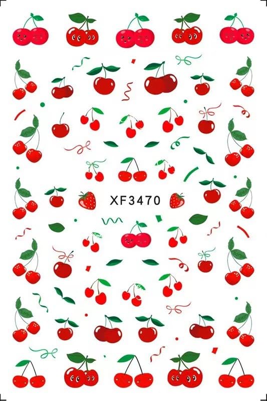 Cherry Nail Art Stickers, Red Fruit Green Leaf Cute Self-Adhesive Nail Decals for Acrylic Gel Natural Nails, Summer Manicure | Pegatinas para uñas de Cereza