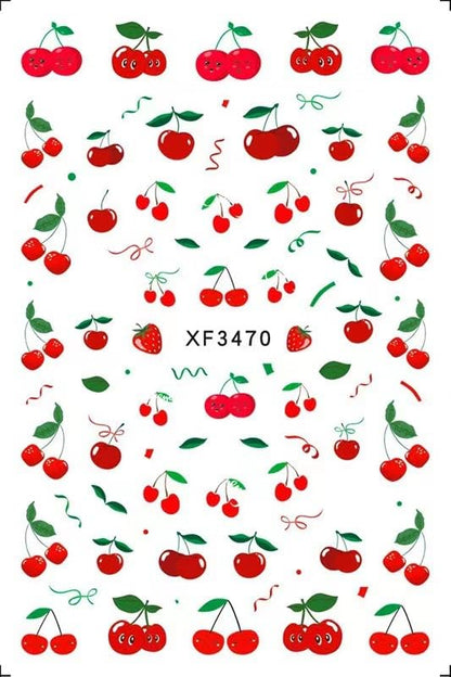 Cherry Nail Art Stickers, Red Fruit Green Leaf Cute Self-Adhesive Nail Decals for Acrylic Gel Natural Nails, Summer Manicure | Pegatinas para uñas de Cereza