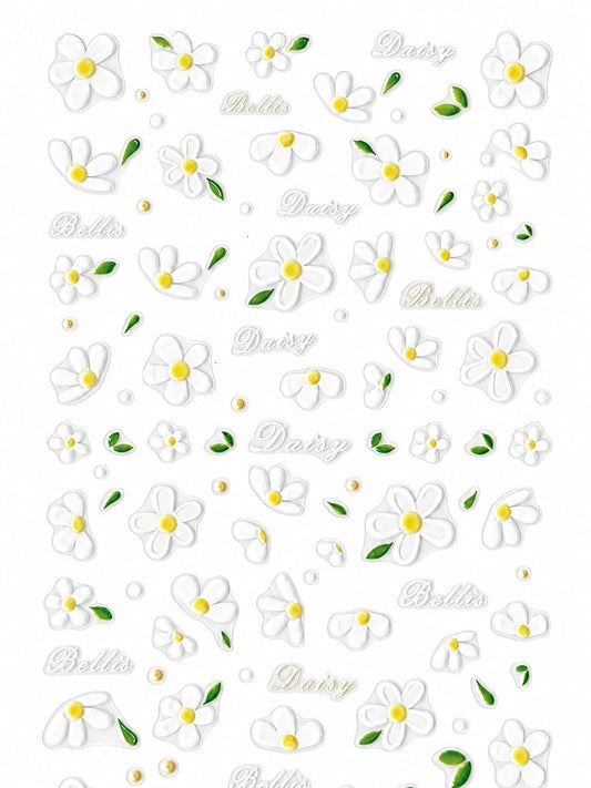 3D Daisy Flower Nail Art Stickers, White Floral Nail Decals with Green Leaves, Self-Adhesive Spring Summer Manicure | Calcomanías 3D para Uñas con Margaritas