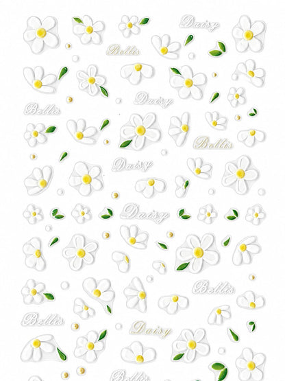 3D Daisy Flower Nail Art Stickers, White Floral Nail Decals with Green Leaves, Self-Adhesive Spring Summer Manicure | Calcomanías 3D para Uñas con Margaritas