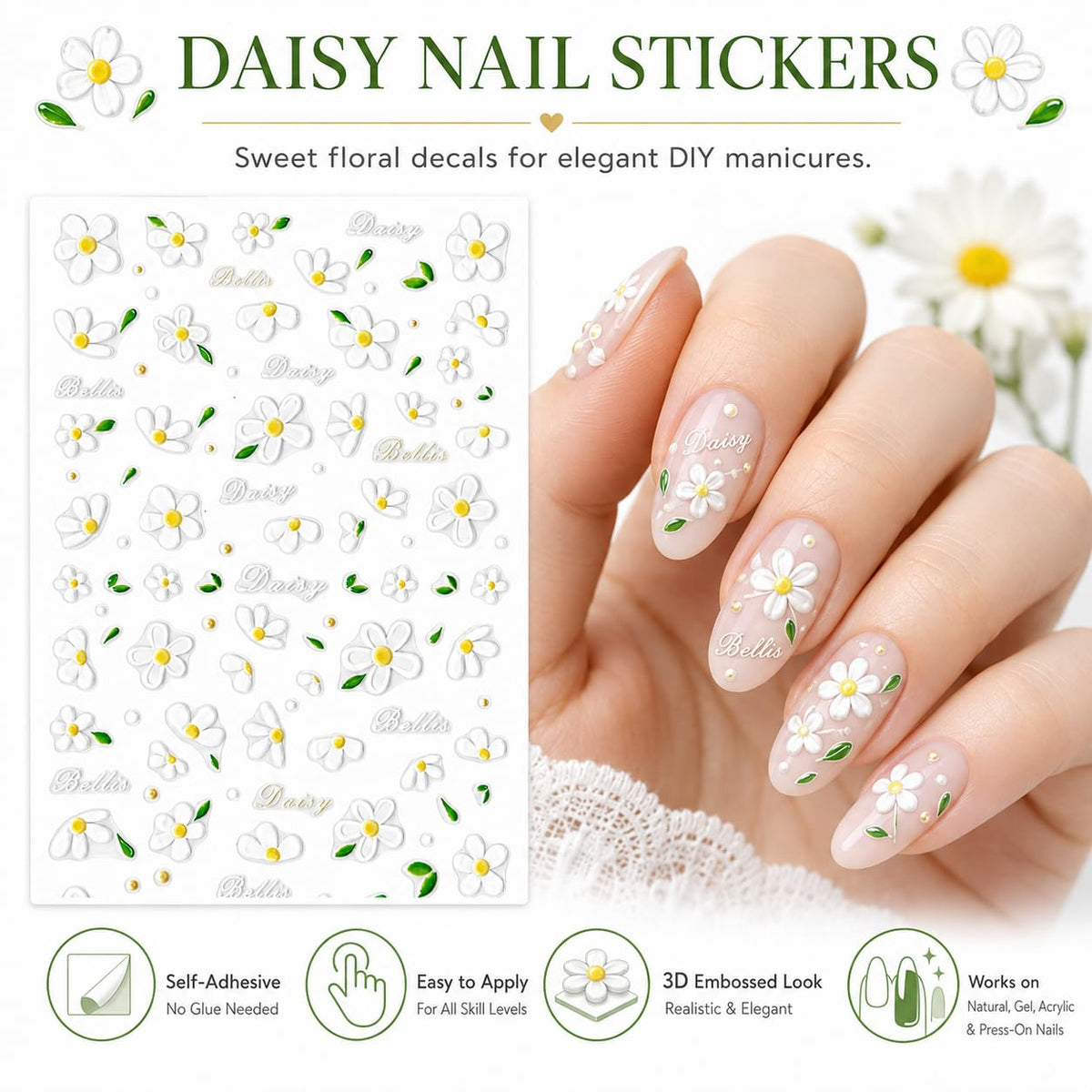 3D Daisy Flower Nail Art Stickers, White Floral Nail Decals with Green Leaves, Self-Adhesive Spring Summer Manicure | Calcomanías 3D para Uñas con Margaritas