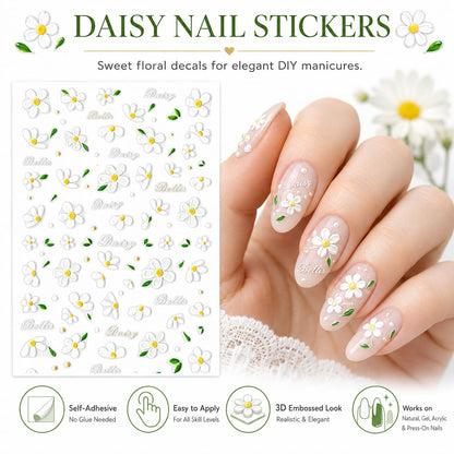 3D Daisy Flower Nail Art Stickers, White Floral Nail Decals with Green Leaves, Self-Adhesive Spring Summer Manicure | Calcomanías 3D para Uñas con Margaritas