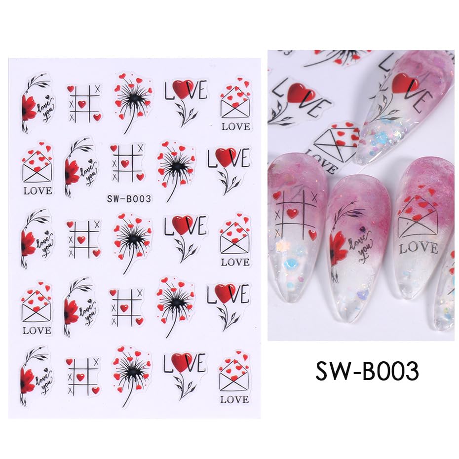 Love Heart Nail Art Stickers, Valentine Envelope Flower Tic Tac Toe Self-Adhesive Nail Decals for Acrylic Gel Natural Nails | Calcomanías para Uñas con Corazones y Amor