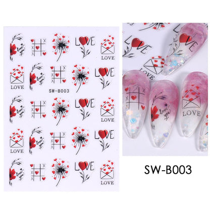 Love Heart Nail Art Stickers, Valentine Envelope Flower Tic Tac Toe Self-Adhesive Nail Decals for Acrylic Gel Natural Nails | Calcomanías para Uñas con Corazones y Amor