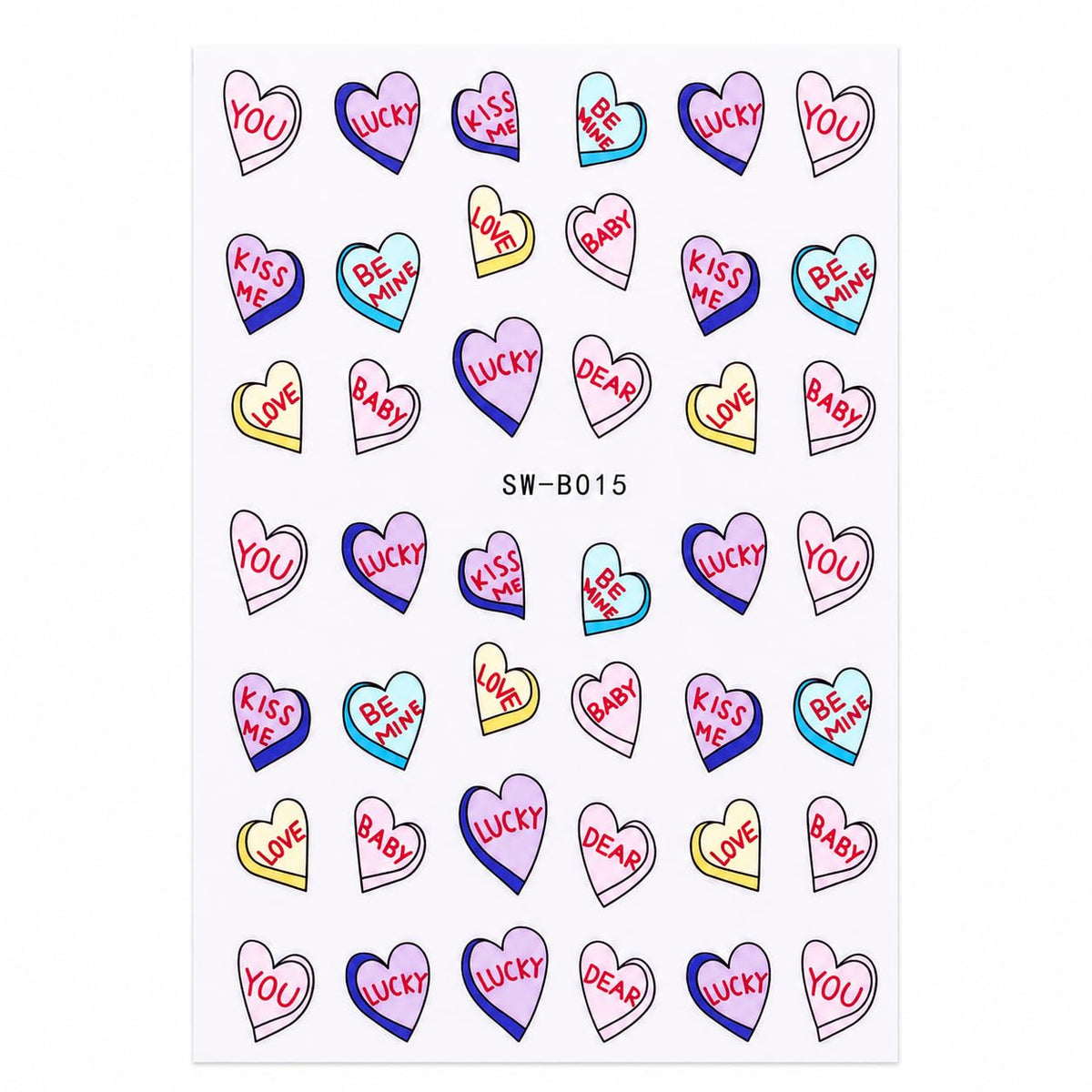 Conversation Heart Nail Art Stickers, Love Kiss Me Be Mine Valentine Self-Adhesive Nail Decals for Acrylic Gel Natural Nails | Calcomanías para Uñas con Corazones Pastel