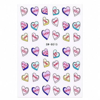 Conversation Heart Nail Art Stickers, Love Kiss Me Be Mine Valentine Self-Adhesive Nail Decals for Acrylic Gel Natural Nails | Calcomanías para Uñas con Corazones Pastel