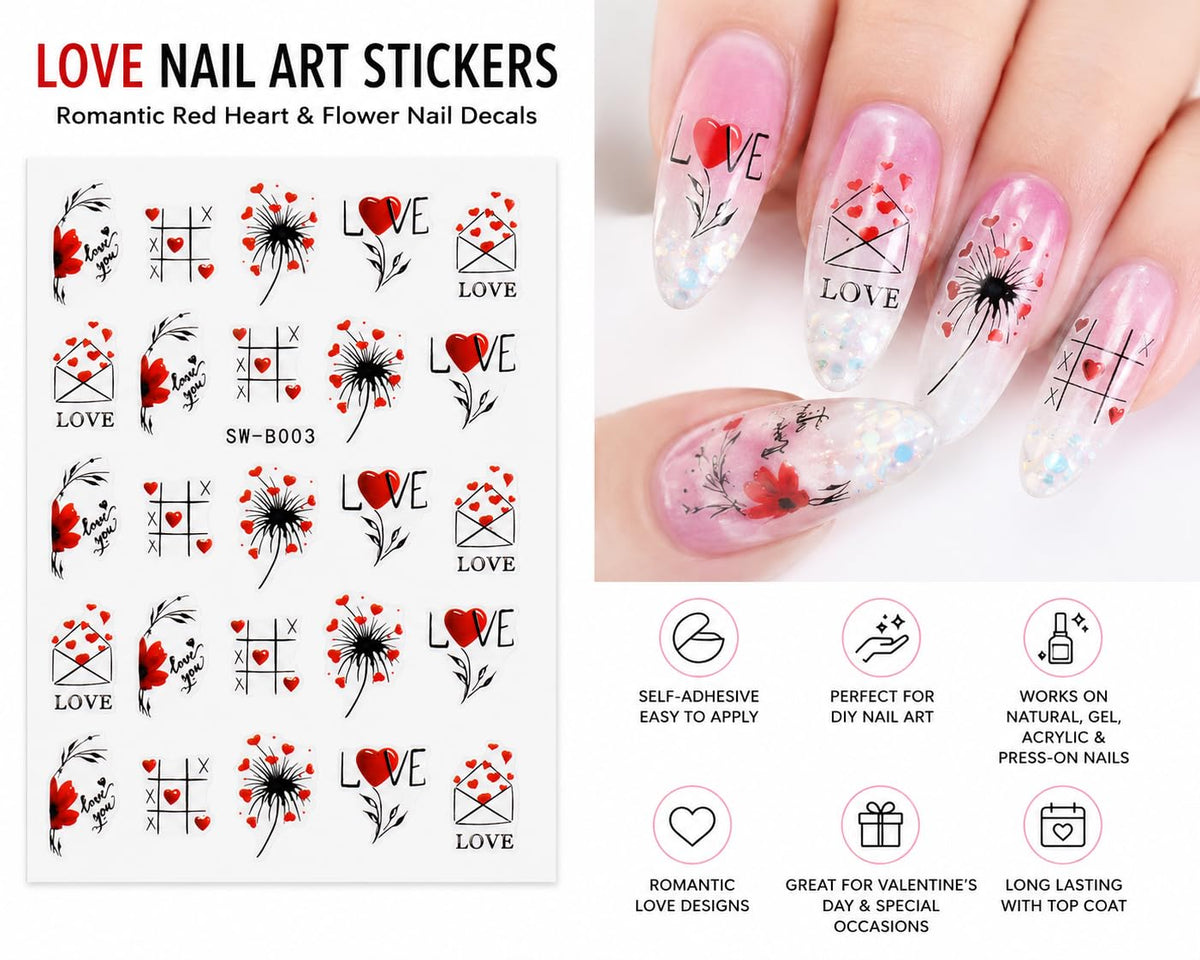 Love Heart Nail Art Stickers, Valentine Envelope Flower Tic Tac Toe Self-Adhesive Nail Decals for Acrylic Gel Natural Nails | Calcomanías para Uñas con Corazones y Amor