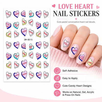 Conversation Heart Nail Art Stickers, Love Kiss Me Be Mine Valentine Self-Adhesive Nail Decals for Acrylic Gel Natural Nails | Calcomanías para Uñas con Corazones Pastel