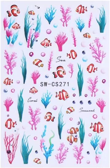 Clownfish Nail Art Stickers, Coral Seaweed Ocean Tropical Fish Self-Adhesive Nail Decals for Acrylic Gel Natural Nails, Summer Beach | Pegatinas para uñas Marinas