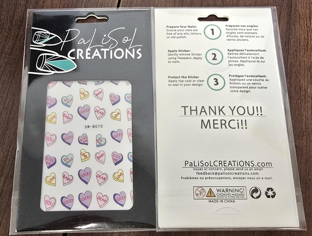 Conversation Heart Nail Art Stickers, Love Kiss Me Be Mine Valentine Self-Adhesive Nail Decals for Acrylic Gel Natural Nails | Calcomanías para Uñas con Corazones Pastel
