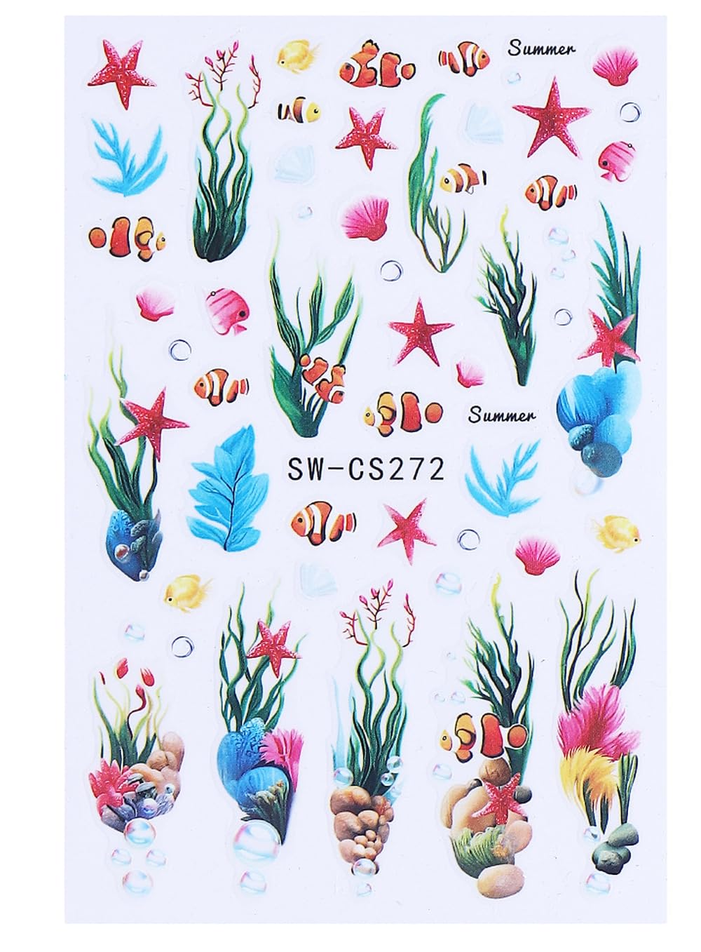 Clownfish Starfish Nail Art Stickers, Seaweed Coral Ocean Summer Self-Adhesive Nail Decals for Acrylic Gel Natural Nails | Pegatinas para uñas Marinas