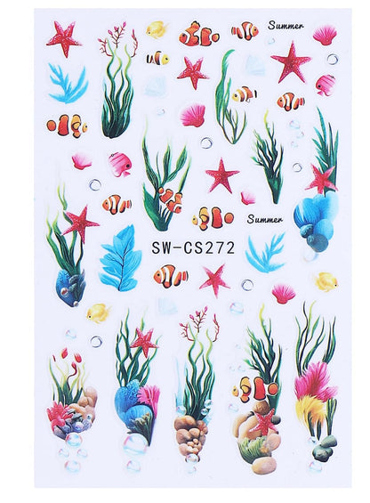 Clownfish Starfish Nail Art Stickers, Seaweed Coral Ocean Summer Self-Adhesive Nail Decals for Acrylic Gel Natural Nails | Pegatinas para uñas Marinas