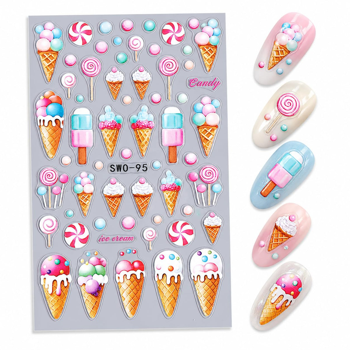Embossed Ice Cream Nail Art Stickers, Candy Lollipop Popsicle Dessert Self-Adhesive Nail Decals for Acrylic Gel Natural Nails| Pegatinas para uñas de dulces