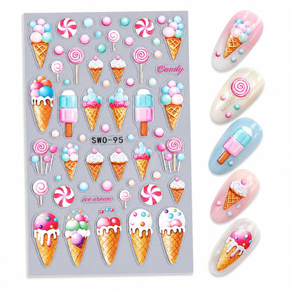 Embossed Ice Cream Nail Art Stickers, Candy Lollipop Popsicle Dessert Self-Adhesive Nail Decals for Acrylic Gel Natural Nails| Pegatinas para uñas de dulces