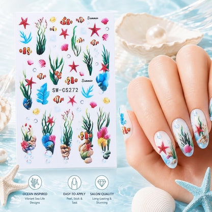 Clownfish Starfish Nail Art Stickers, Seaweed Coral Ocean Summer Self-Adhesive Nail Decals for Acrylic Gel Natural Nails | Pegatinas para uñas Marinas