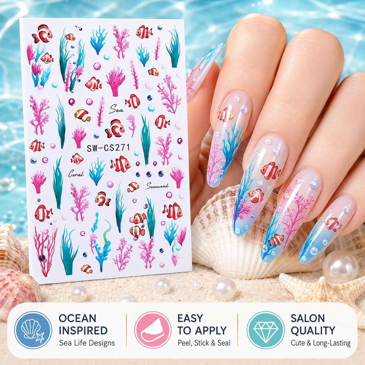 Clownfish Nail Art Stickers, Coral Seaweed Ocean Tropical Fish Self-Adhesive Nail Decals for Acrylic Gel Natural Nails, Summer Beach | Pegatinas para uñas Marinas