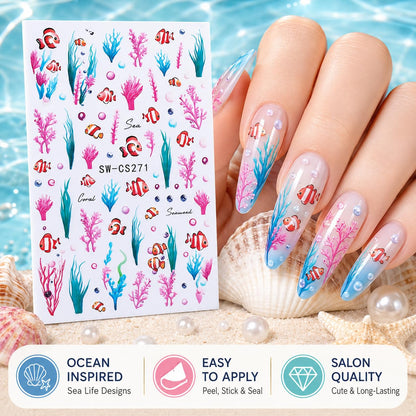 Clownfish Nail Art Stickers, Coral Seaweed Ocean Tropical Fish Self-Adhesive Nail Decals for Acrylic Gel Natural Nails, Summer Beach | Pegatinas para uñas Marinas