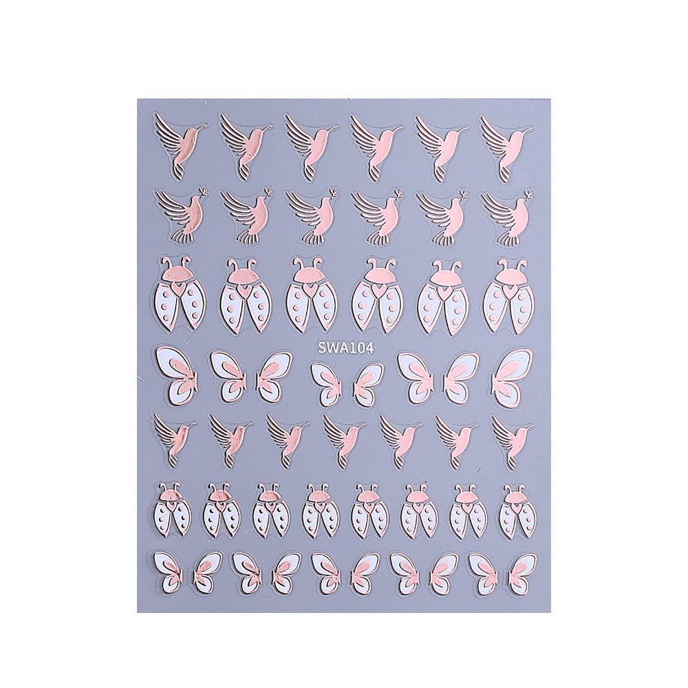 Pink Foil Nail Art Stickers, Hummingbird Butterfly Ladybug Dove Metallic Self-Adhesive Nail Decals for Acrylic Gel Natural Nails | Calcomanías 3D para Uñas con Mariposas