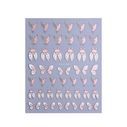 Pink Foil Nail Art Stickers, Hummingbird Butterfly Ladybug Dove Metallic Self-Adhesive Nail Decals for Acrylic Gel Natural Nails | Calcomanías 3D para Uñas con Mariposas