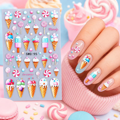 Embossed Ice Cream Nail Art Stickers, Candy Lollipop Popsicle Dessert Self-Adhesive Nail Decals for Acrylic Gel Natural Nails| Pegatinas para uñas de dulces
