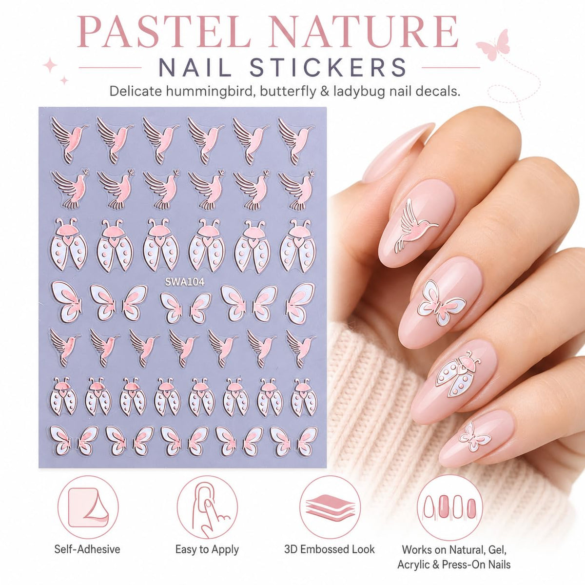 Pink Foil Nail Art Stickers, Hummingbird Butterfly Ladybug Dove Metallic Self-Adhesive Nail Decals for Acrylic Gel Natural Nails | Calcomanías 3D para Uñas con Mariposas