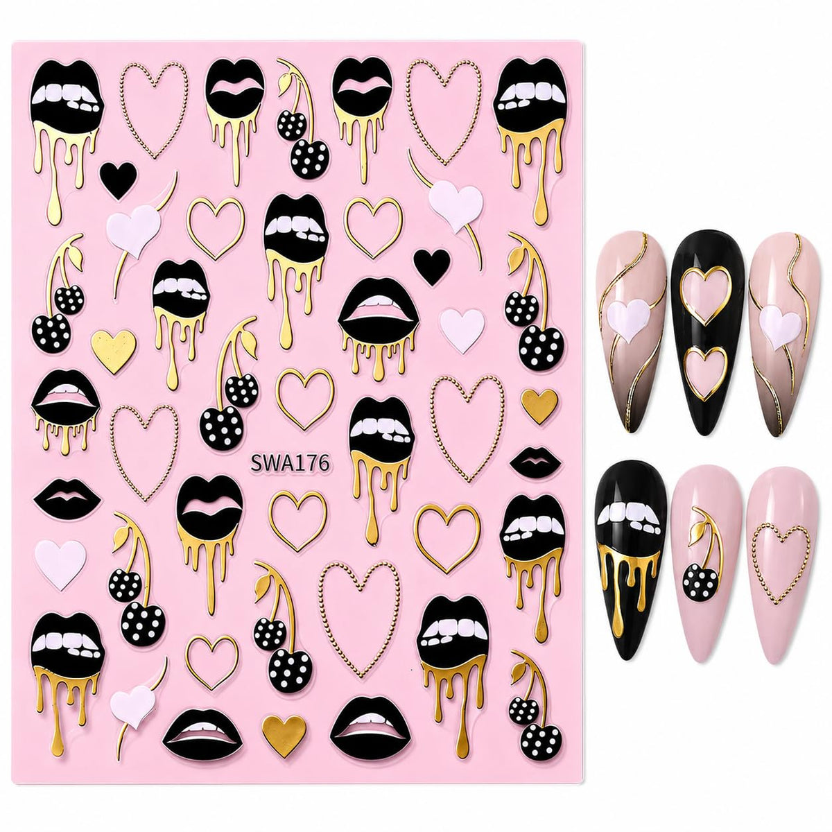 Black Gold Foil Nail Art Stickers, Lips Hearts Cherries Drip Self-Adhesive Nail Decals for Acrylic Gel Natural Nails | Pegatinas para uñas