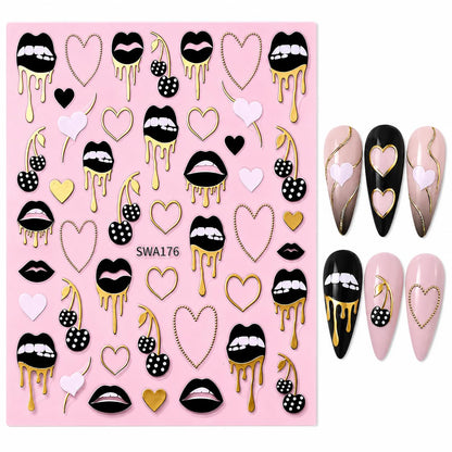 Black Gold Foil Nail Art Stickers, Lips Hearts Cherries Drip Self-Adhesive Nail Decals for Acrylic Gel Natural Nails | Pegatinas para uñas