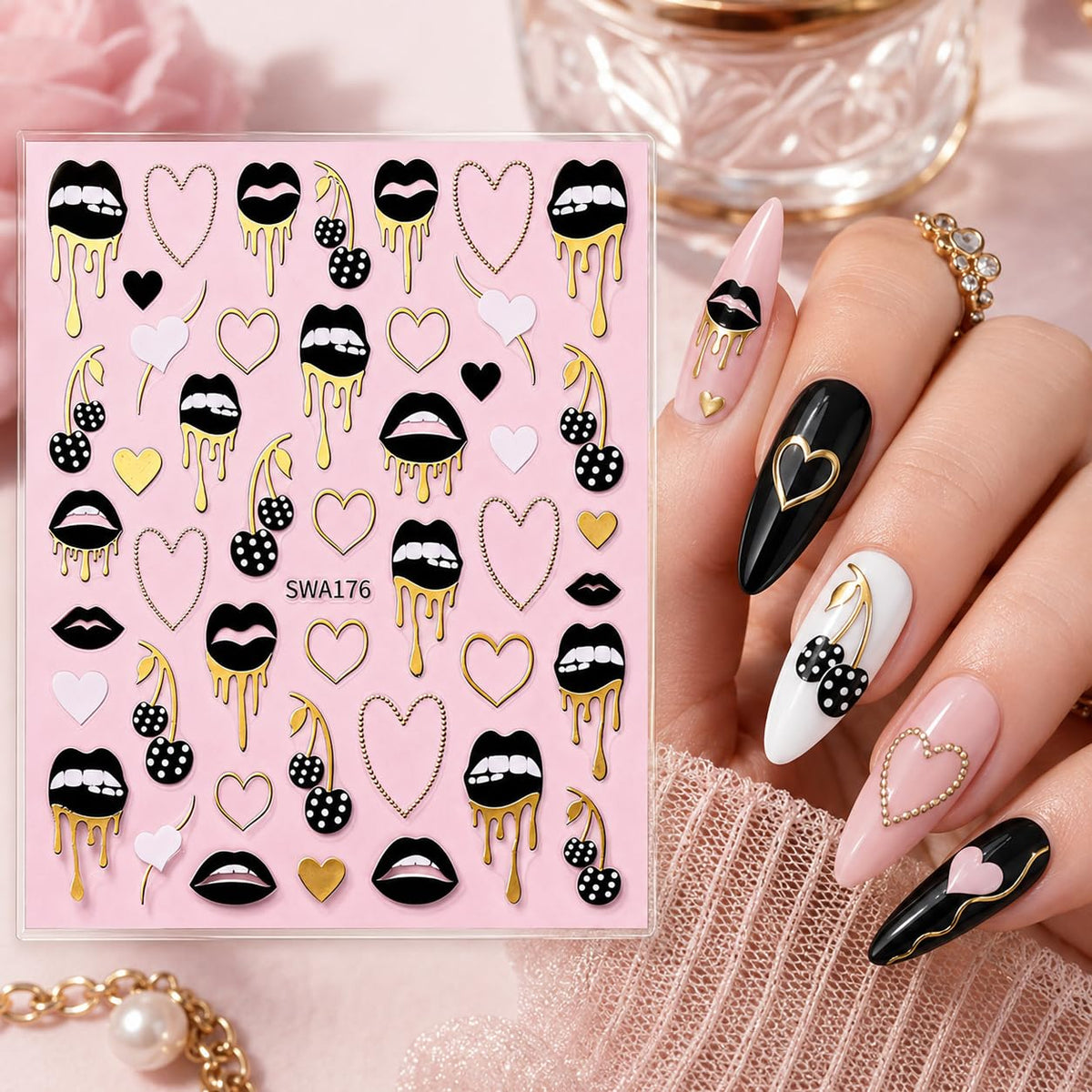 Black Gold Foil Nail Art Stickers, Lips Hearts Cherries Drip Self-Adhesive Nail Decals for Acrylic Gel Natural Nails | Pegatinas para uñas