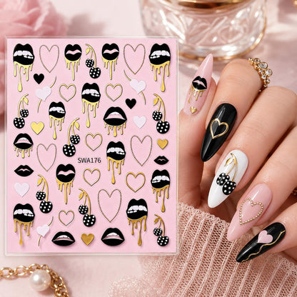 Black Gold Foil Nail Art Stickers, Lips Hearts Cherries Drip Self-Adhesive Nail Decals for Acrylic Gel Natural Nails | Pegatinas para uñas
