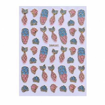 Ocean Mermaid Tail Nail Art Stickers, Pink Blue Glitter Foil Seashell Self-Adhesive Nail Decals for Acrylic Gel Natural Nails | Pegatinas para uñas Marinas