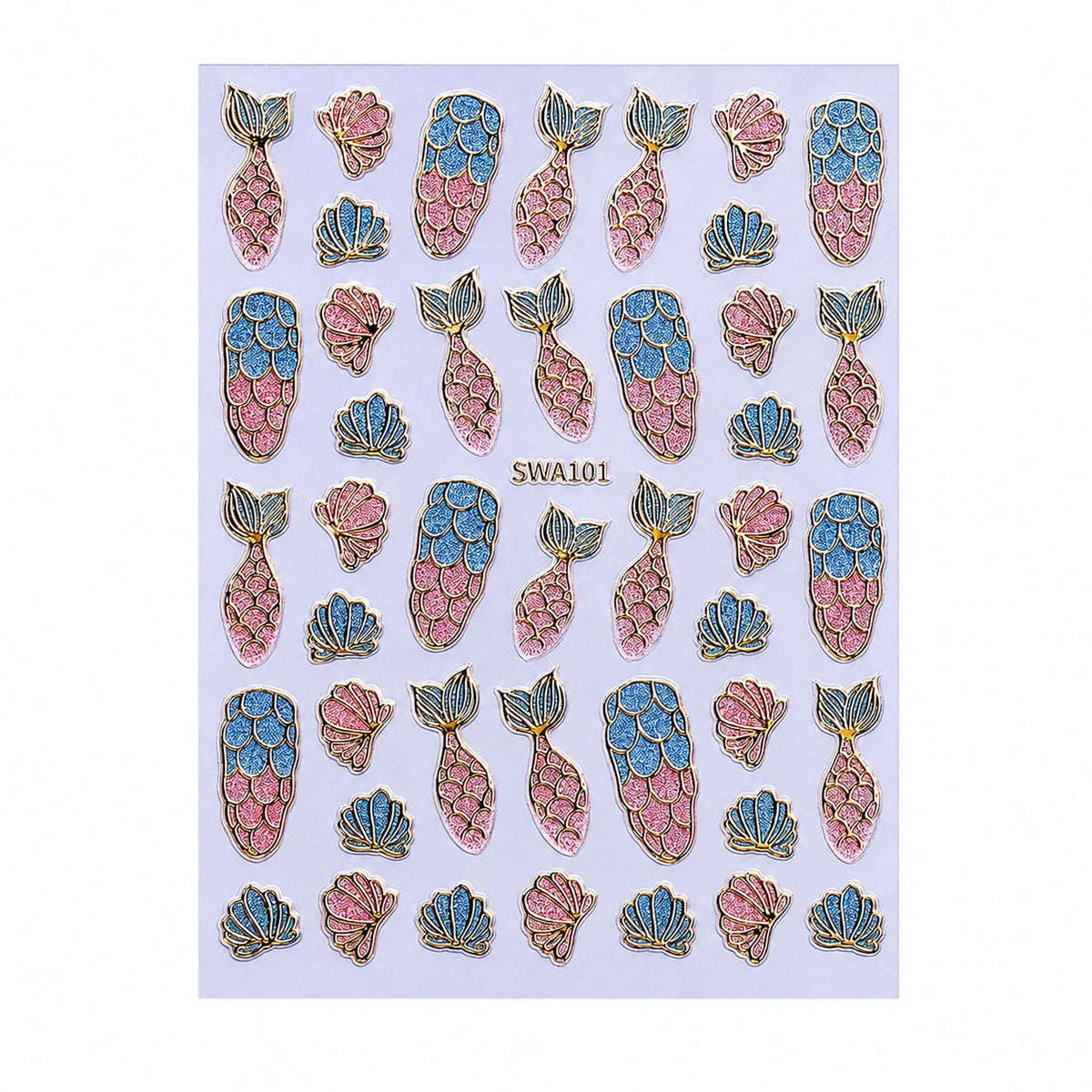 Ocean Mermaid Tail Nail Art Stickers, Pink Blue Glitter Foil Seashell Self-Adhesive Nail Decals for Acrylic Gel Natural Nails | Pegatinas para uñas Marinas