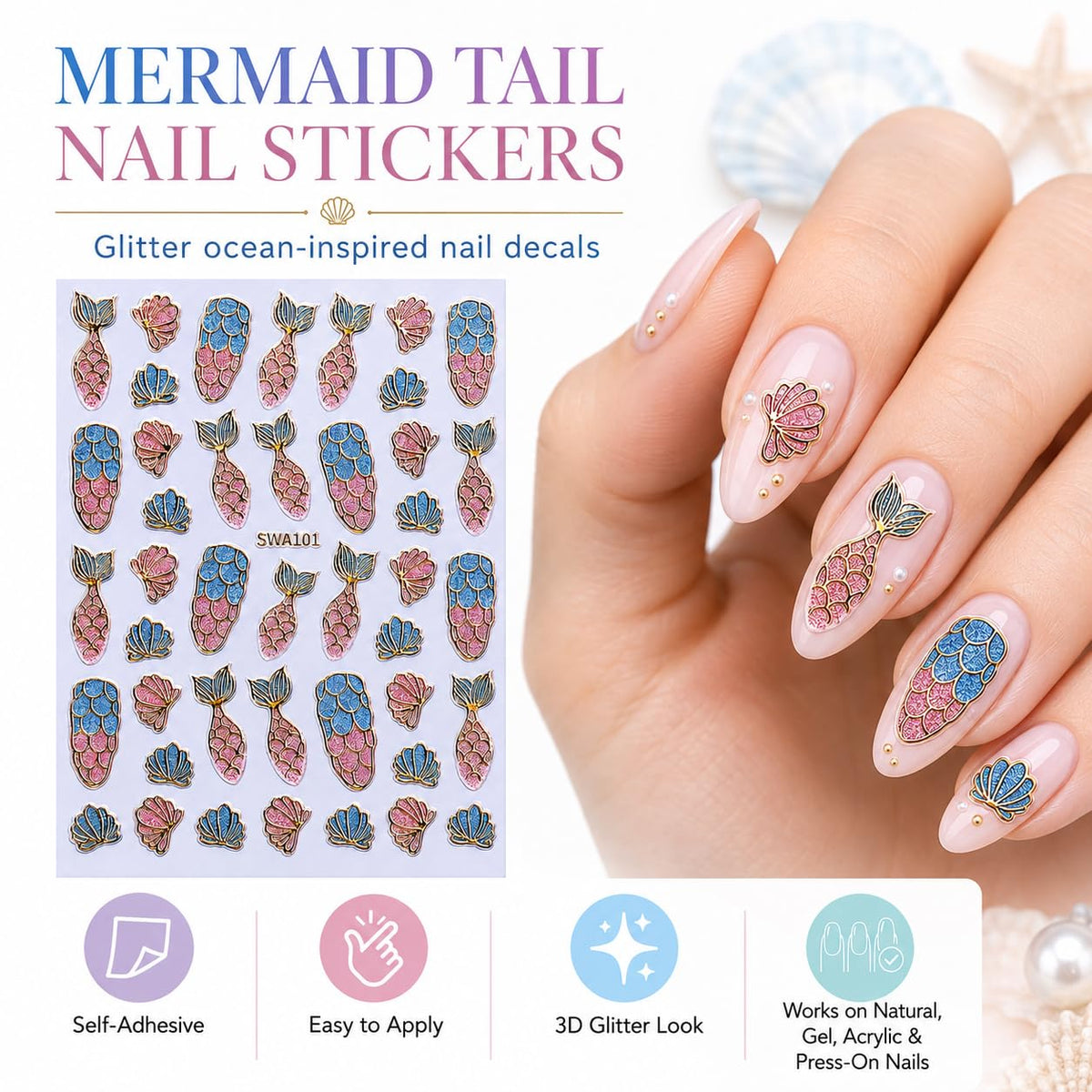 Ocean Mermaid Tail Nail Art Stickers, Pink Blue Glitter Foil Seashell Self-Adhesive Nail Decals for Acrylic Gel Natural Nails | Pegatinas para uñas Marinas